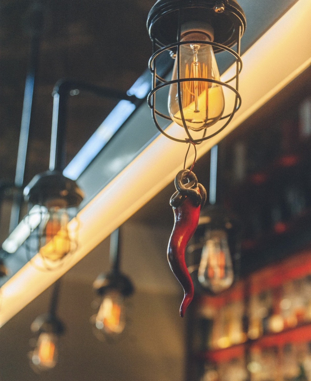 Dettaglio di una lampadina vintage in gabbia metallica con un cornetto rosso appeso
